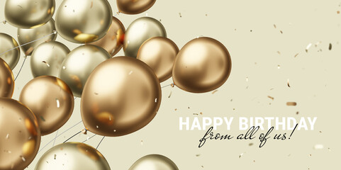 3d happy birthday horizontal illustration with realistic golden air balloon on color background with text and glitter confetti. Romantic holiday template design with balloon
