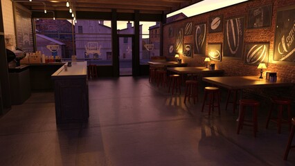 3D-Illustration of a modern and cozy bar restaurant