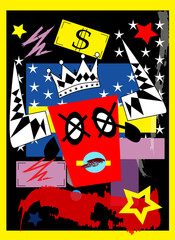 Art vector, graffiti background with bull, crown and dollar bill vector illustration.