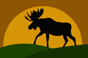 Silhouette, contour of an elk on the background of sunrise or sunset