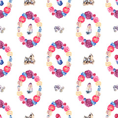 Cute watercolor seamless pattern with pastel colored crystals, rose leaves and flowers