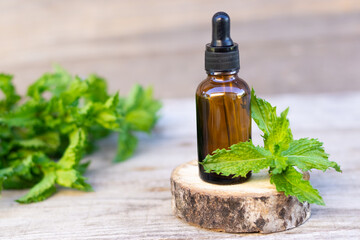 a bottle for cosmetics with an empty space for advertising Mint leaves Cosmetics with mint Mint oil on a wooden background A place for copying A place for advertising