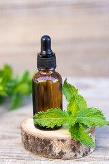 a bottle for cosmetics with an empty space for advertising Mint leaves Cosmetics with mint Mint oil on a wooden background A place for copying A place for advertising