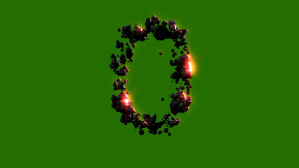 dark stones with red shining number 0 - cosmic magmatic stones alphabet, isolated - object 3D rendering