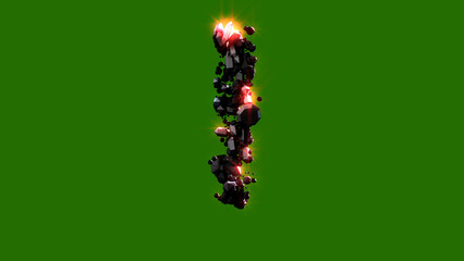 dark stones with red shining exclamation point - cosmic fire stones alphabet, isolated - object 3D rendering