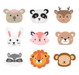Cute wild animals heads including a koala, panda, deer, jack, fox, bear, raccoon, lion, monkey.