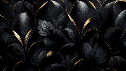 Fototapety  Black luxury cloth, silk satin velvet, with floral shapes, gold threads, luxurious wallpaper, elegant abstract design