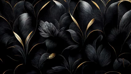Fotobehang Black luxury cloth, silk satin velvet, with floral shapes, gold threads, luxurious wallpaper, elegant abstract design © Fortis Design