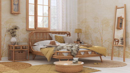 Wooden farmhouse bedroom in boho chic style. Rattan bed and furniture in white and pastel yellow tones. Country wallpaper, vintage interior design © ArchiVIZ