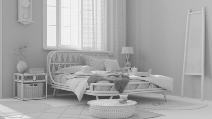 Total white project draft, wooden farmhouse bedroom in boho chic style. Rattan bed and furniture. Vintage interior design