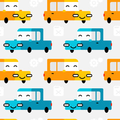 Vector kid seamless pattern with yellow and blue happy taxi car character on light background. Flat style design of car seamless pattern