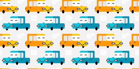 Vector kid horizontal seamless pattern with taxi car character on light background. Flat style design of yellow and blue happy car seamless pattern