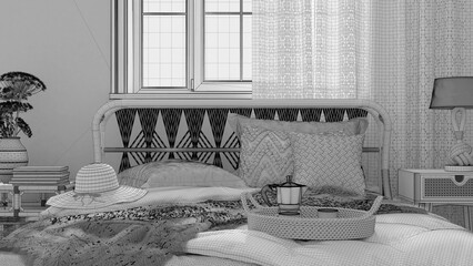 Blueprint unfinished project draft, country bed close up. Boho chic bedroom with rattan furniture, fur blanket, pillows, duvet and decors. Farmhouse interior design