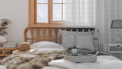 Architect interior designer concept: hand-drawn draft unfinished project that becomes real, country bed close up. Boho chic bedroom with rattan furniture, fur blanket and pillows