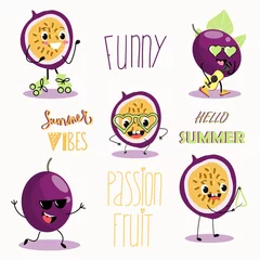 Fotobehang A set of vector illustrations of 5 funny passion fruit, cartoon characters, on roller skates, with glasses, with musical instruments, and lettering. © Natalia