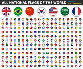All national flags of the world . Circular flag with frame and country name . Vector .