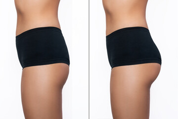 Cropped shot of young slim fit tanned woman with buttocks before and after sports training isolated...