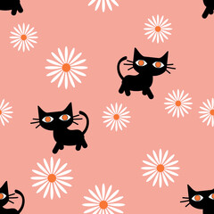 Seamless pattern with daisy  flowers and black cat cartoons on pink background vector.