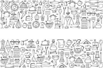 Vector background of kitchen tools. Hand drawn doodle cooking equipments. illustration for restaurant menu, recipe book, and wallpaper.