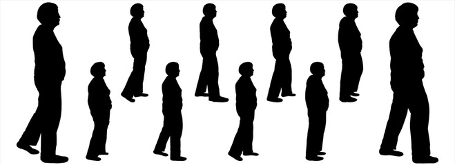 An older woman is walking. Women go in a row, one after another. The character is suitable for motion animation. Sports and the elderly. Side view, profile. Black female silhouettes isolated on white