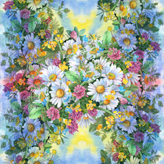 Seamless pattern. Wild flowers and herbs, chamomile flowers - a decorative composition. Watercolor illustration. Decorative composition. Use printed materials, signs, objects, sites, maps.