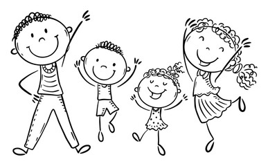 Line drawing of family jumping with joy. Isolated cartoon characters