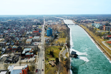 Aerial of Welland, Ontario, Canada by the Canal - 521478745