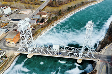 Aerial of Welland, Ontario, Canada with Welland Canal Bridge 13 - 521478746