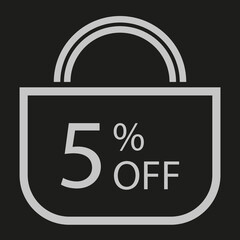 5 percent off. Black banner with shopping bag illustration