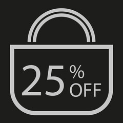 25 percent off. Black banner with shopping bag illustration