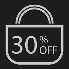 30 percent off. Black banner with shopping bag illustration