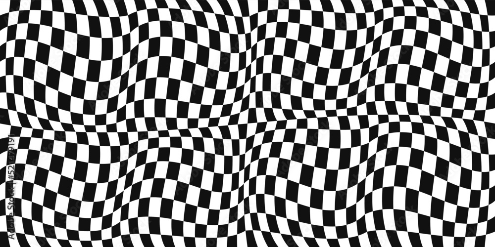 Poster Stylish checker pattern is convex and wavy. Curly canvas of convex shapes. Seamless chess black and white pattern. For print and interior.