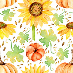 Seamless watercolor pattern. Autumn theme. Sunflower, pumpkin, leaves and pumpkin seeds on a white background. Harvest, fall. Design for wrapping paper.