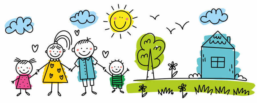 Children's drawing of a happy family. Mom, Dad, kids vector drawing by hand.