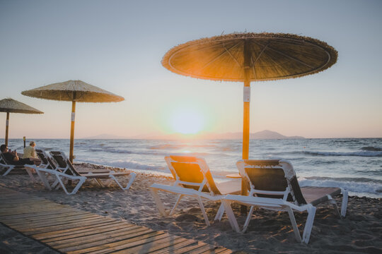 The beach of Tigaki on the island of Kos, Greece in July 2022.