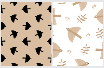 Cute Simple Seamless Vector Pattern with Light Brown and Black Hand Drawn Flying Birds on a White and Beige Background. Abstract Doves Print ideal for Fabric. Pattern with Animal Symbol of Peace.