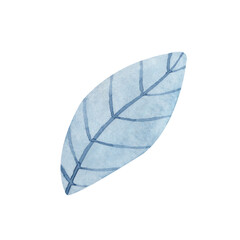 Simple watercolor blue leaf clipart on white background.