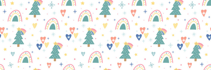 Christmas banner with cute funny characters. Winter seamless pattern. Unique decoration with rainbow, christmas tree, cloud, snowflakes, heart, sun. Trendy Holiday design elements.Vector illustration
