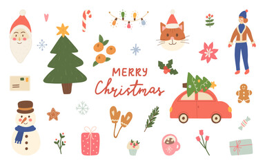 Merry Christmas unique hand drawn illustrations set. Holiday ornament for greeting card, poster, tag. Cute winter design label. Party decoration. Xmas tree, santa, gift, snowflake. Vector illustration