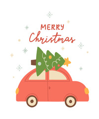 Merry Christmas unique hand drawn card. Poster with red car xmas tree, balls, candy cane snowflakes. Happy Holidays greeting banner. Hand lettering. Cute winter design. Vector illustration