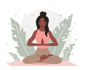 Black young woman meditating on mat in lotus position. Concept for yoga, relaxation, relaxation, meditation and healthy lifestyle. Vector illustration in flat style