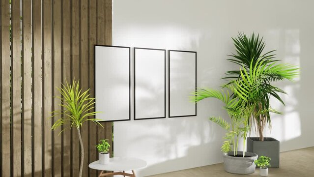 interior mockup three picture frames on wooden wall,minimalism,small table and house tropical plants.