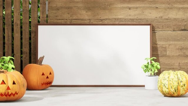 pumpkin, halloween interior mockup picture frame on wooden wall background,minimalism, and house plants.