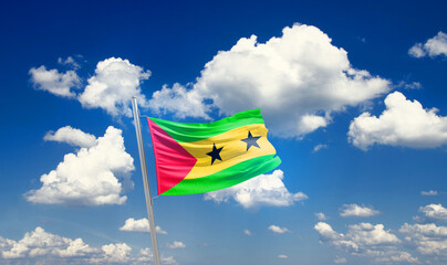 Sao Tome and Principe national flag cloth fabric waving on the sky - Image