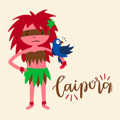 Caipora. bush inhabitant.  Fantastic Creature of Brazilian Folklore. Brazilian Portuguese Hand Lettering Calligraphy. Vector. Brazilian legends and tales.