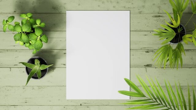 Mockup white paper on the wooden green table background with tropical house plants ,top view. zoom out