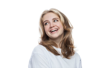 Naklejka premium Laughing teenage girl in a white T-shirt. Activity and positive. Isolated on white background. Close-up.