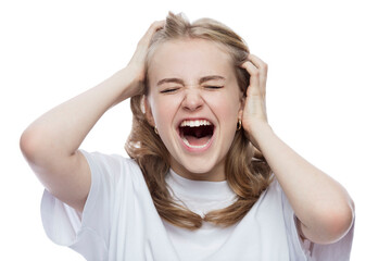 A teenage girl in a white T-shirt emotionally screams and holds her head with her hands. stress and negativity. Isolated on white background. Close-up.