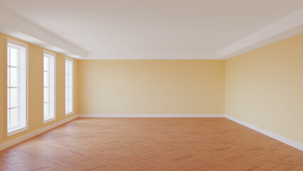 Beautiful Empty Room with Beige Walls, White Ceiling and Cornice, Three Large Windows, Glossy Herringbone Parquet Flooring and a White Plinth. Interior Concept. 3D Rendering. 8K Ultra HD, 7680x4320