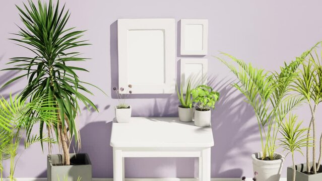 interior mockup picture frames on the lavander wall background, house plants and white table,minimalism.